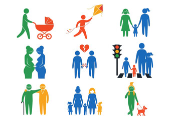 Collection of colorful vector icons depicting diverse people families and common symbols high quality professional detailed