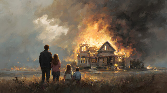 una familia triste viendo como se quema su casa desastre e incendio en casa o en el hogar en medio de un campo fuego y llamas con humo de un incendio accidente en el hogar 
