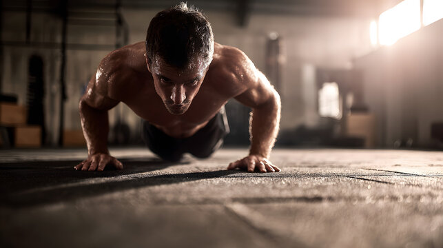 un hombre joven deportista haciendo ejercicio dentro de un gimnasio haciendo lagartijas o burpees para estar fuerte y saludable cuerpo atletico 