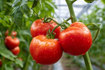 Ripe red tomatoes growing on vine with water drops