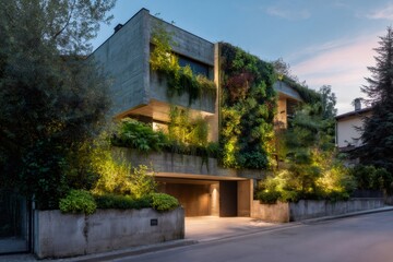 Modern concrete building integrating vertical garden and greenery