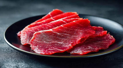 Thinly sliced raw red meat arranged on a black plate ready for cooking or serving in a dark textured background setting