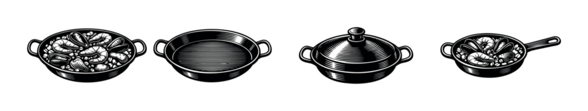 Cookware and kitchen essentials: flat vector icons set of pots and pans