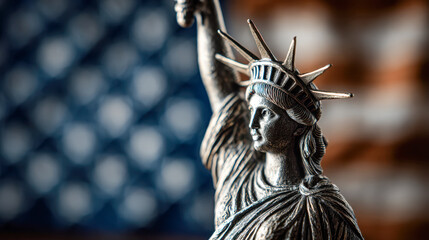 Detailed miniature statue of liberty with a blurred united states flag in the background symbolizing freedom and patriotism in america