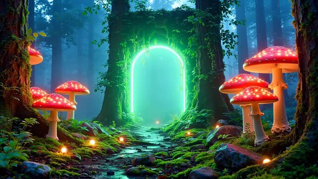 Mystical glowing mushrooms in forest