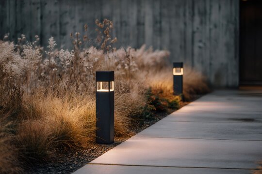 Modern bollard lights illuminating garden path in evening