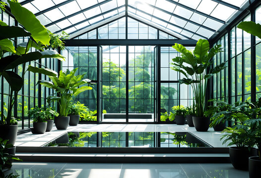 Moderner symmetrischer Wintergarten mit Pool und tropischen Pflanzen unter einem Glasdach