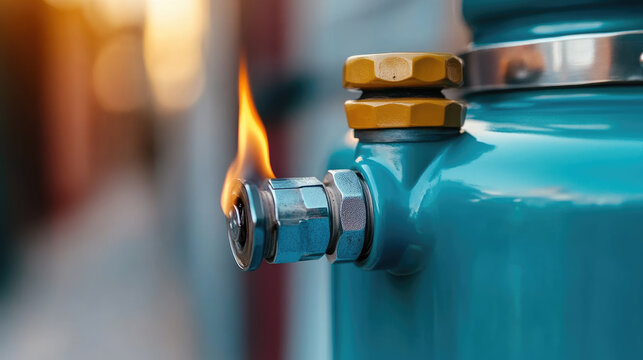 Gas cylinder valve with a dangerous gas leak igniting, creating a fire hazard and posing a serious risk of accidental ignition and emergency at home