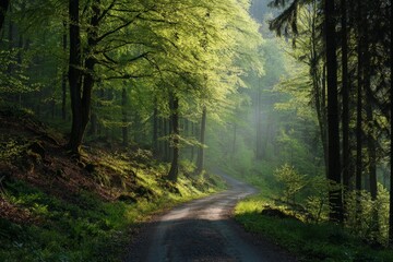 Obraz premium Winding dirt path through green forest under natural light during early morning hours