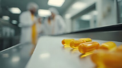 Close-up of bright orange pharmaceutical capsules moving on a high speed conveyor belt in a sterile factory with masked scientists monitoring the automated production process.