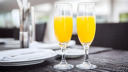 Two crystal champagne flutes filled with vibrant fresh orange mimosa on a stylish outdoor terrace caf&eacute; table, soft morning light, and elegant white table settings.