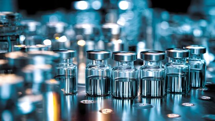Rows of transparent glass vaccine vials with silver caps filled with clear liquid aligned on a sterile pharmaceutical production line, featuring dramatic cool blue lighting.