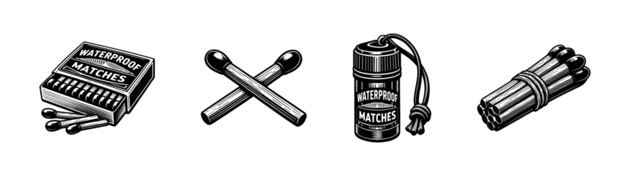 Camping matches collection: flat vector icons set featuring waterproof matches, fire starter symbols