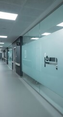 Hospital Interior Perspective: Modern Corridor with Frosted Glass Panels and Bright Lighting