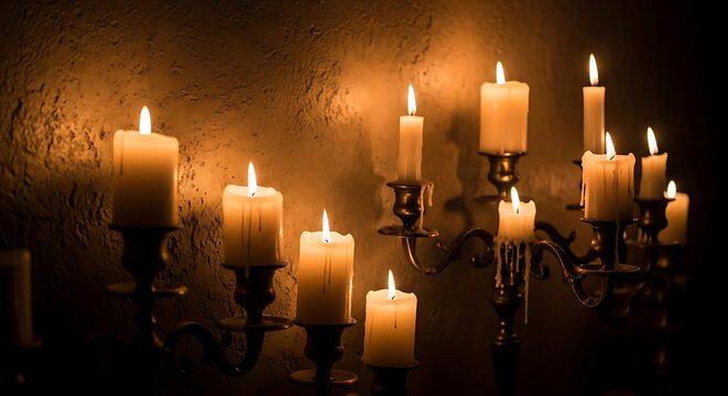 Multiple lit candles on ornate candelabras against a textured wall creating a warm atmosphere in a dark room with soft golden lighting