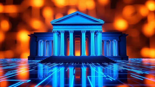 Blue neon classical building with glowing floor