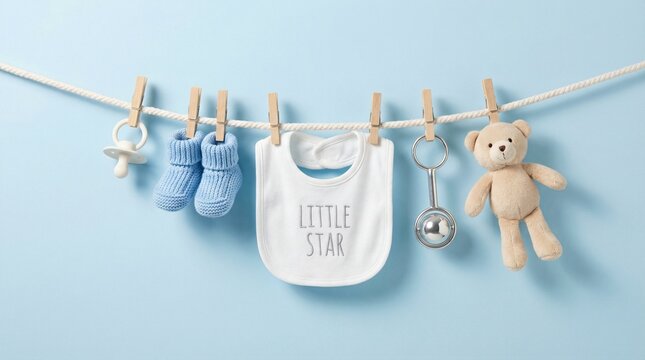 Newborn baby boy essentials hanging on clothesline including booties and teddy bear on blue background