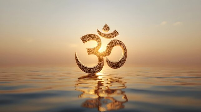 An ornate, golden Om symbol floating over calm water at sunset with warm, glowing reflections.