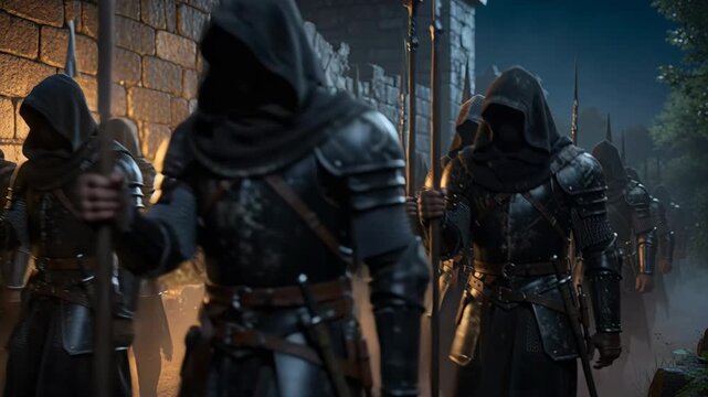 An atmospheric image showcasing hooded warriors in dark armor guarding a medieval fortress. The scene evokes mystery and dark fantasy, ideal for book covers, gaming promotions, and historical themes