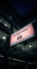 Fototapeta premium Hospital Entrance Illuminated Sign: Maternity Ward Identification, Nighttime Scene, Modern