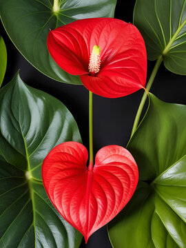 vibrant red anthurium flower head, aka tailflower, flamingo laceleaf flower and painter's palette, heart shaped blossom isolated, taken straight from above