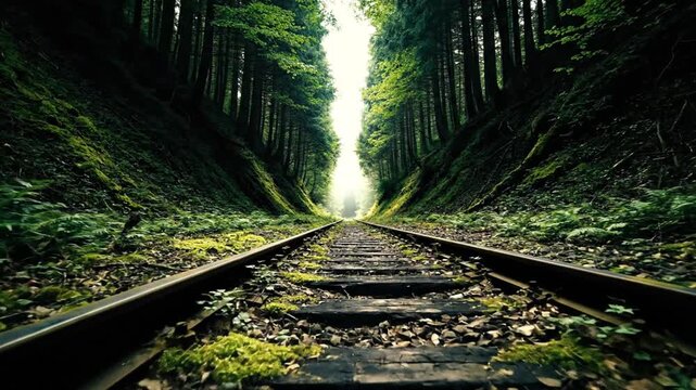An enchanting railway track, adorned with verdant moss and nature's touch, cuts a serene and mysterious path deep into a dense, towering forest, beckoning a journey into the wild unknown