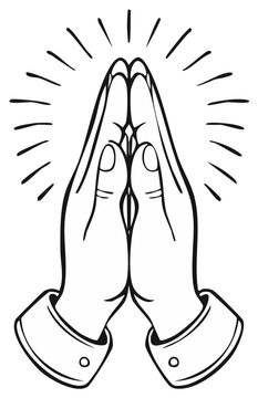 Illustration of hands clasped together in prayer with radiating light lines symbolizing divine connection or blessing