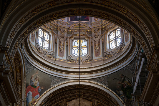 Ornate dome interior of Collegiate Church of the Immaculate Conception - Bormla, Malta