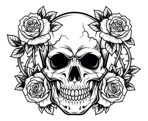 Fototapeta premium Tattoo style line art illustration of a skull depicting a human skull framed by detailed roses and thorns for gothic art or design projects