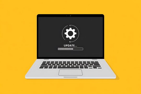 Laptop displaying software update progress bar and gear icon on yellow background
