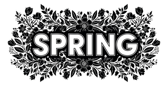 Hand drawn illustration of the word spring depicting blooming flowers and leaves for seasonal design