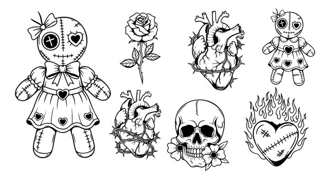 Hand drawn line art set featuring voodoo dolls, human hearts, a skull, and a rose for gothic-themed designs