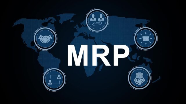 MRP technology concept featuring material requirement planning, manufacturing process automation, business efficiency and industrial workflow.