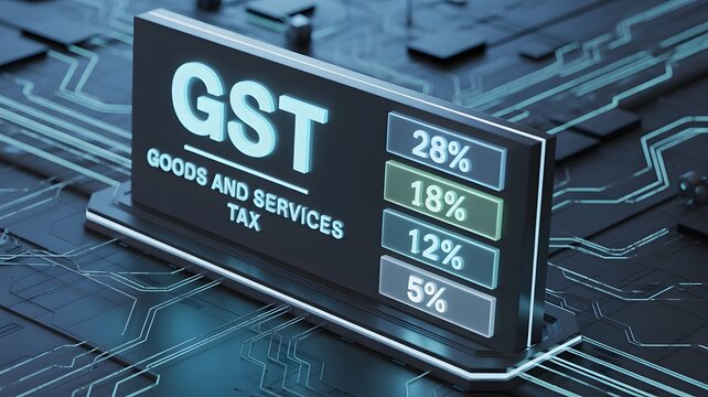 Digital GST Goods and Services Tax Display with Percentage Rates Representing Indian Tax Structure, Fiscal Policy Reform, Business Compliance and Economic Regulation System