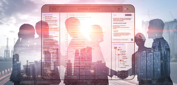 Business partnership agreement with digital interface overlay showcasing city skyline and professionals shaking hands at sunset Quark.