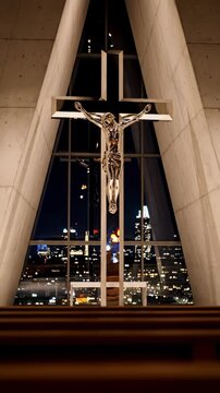 Modern Crucifix with Cityscape View at Night.