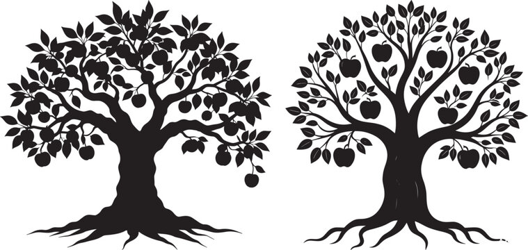 Striking black silhouettes of two apple trees laden with fruit, showcasing deep roots and bountiful harvest.
