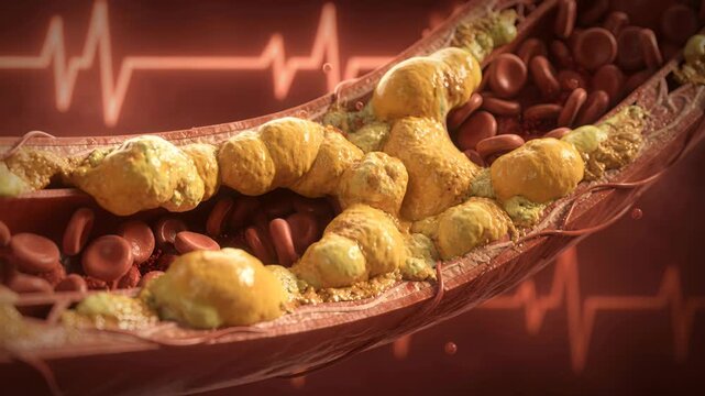 Detailed medical illustration showcasing atherosclerosis. Depicts an artery clogged with cholesterol, highlighting heart disease. Useful for educational materials on cardiovascular health
