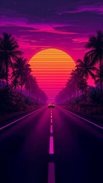 Synthwave Highway Art Print, Palm Tree Sunset Digital Download, Retro Road Wallpaper, Tropical Drive Wall Art, Vice City Highway Decor