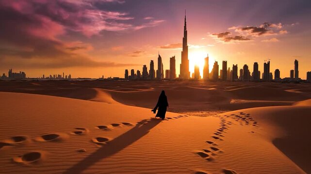 Woman in abaya walking in desert towards a modern city skyline