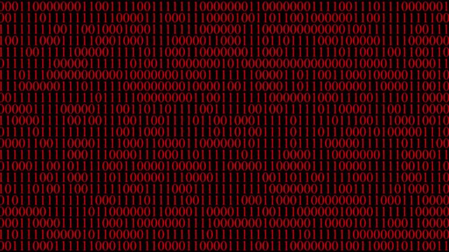 Digital Binary Code Data Stream: Red Numbers on Black Background, Abstract Technology and Cyber Security Concept Background