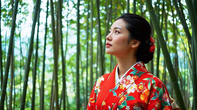 Woman in floral kimono in bamboo forest