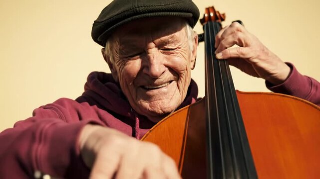 A heartwarming portrait of an elderly man with a joyful smile, gracefully playing his cello outdoors, embodying a lifetime of musical passion