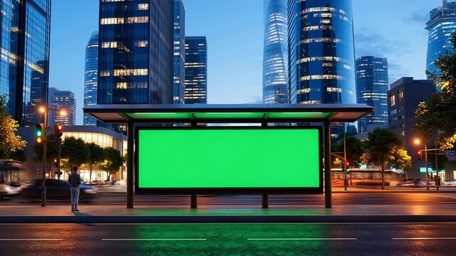 City street with bus stop and green screen