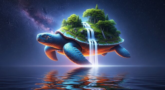 Ancient world turtle swimming through space with lush island and waterfall on its shell