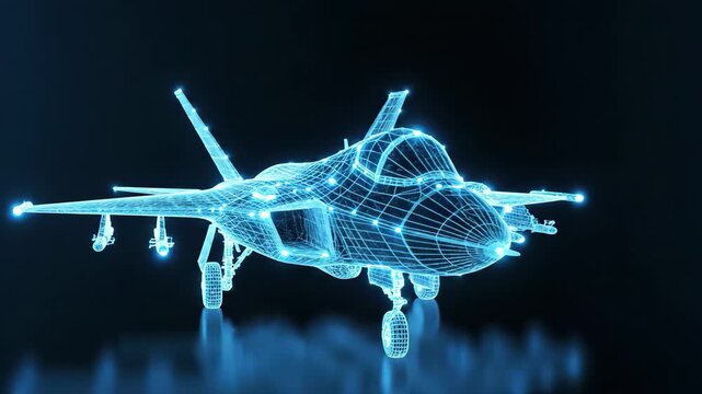 Blue wireframe hologram of a modern fighter jet aircraft on dark background