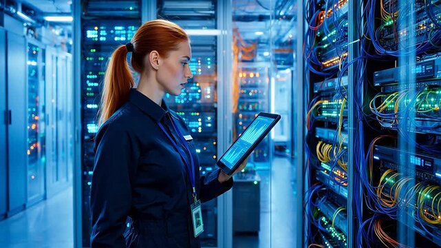 Woman in server room with tablet