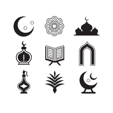 Islamic ramadan   icon set moon ster mosque  tree silhuoette black vector