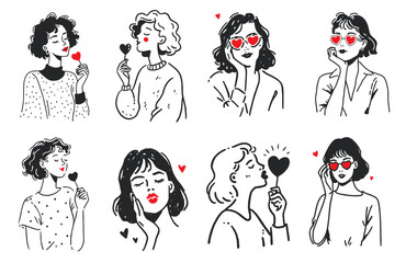 Fototapeta premium Valentine women doodle portraits with hearts kisses and heart shaped sunglasses