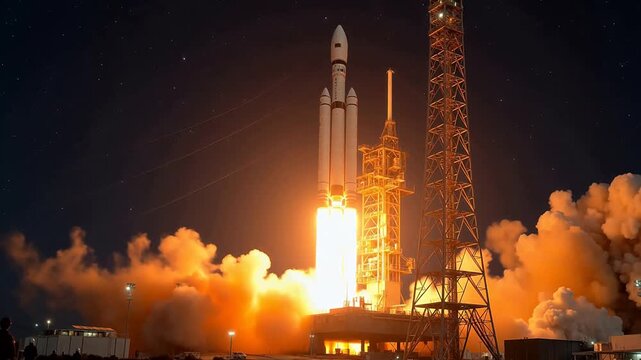 Rocket launch at night with flames and smoke